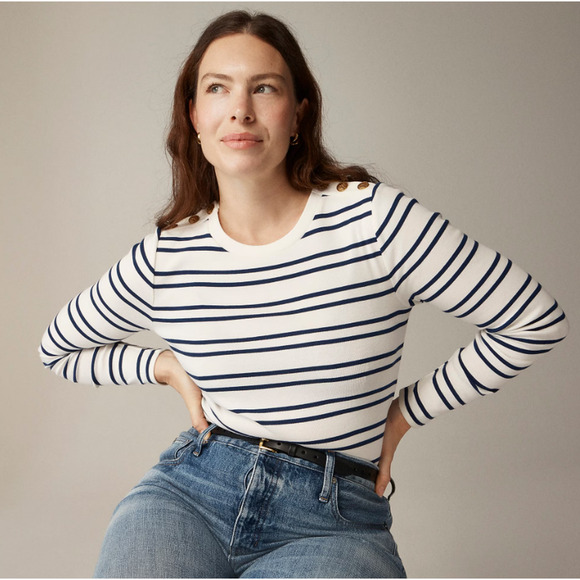 J.Crew Perfect Long Sleeve Crewneck T-Shirt Lion buttons in stripes Size L NWT - Picture 1 of 10